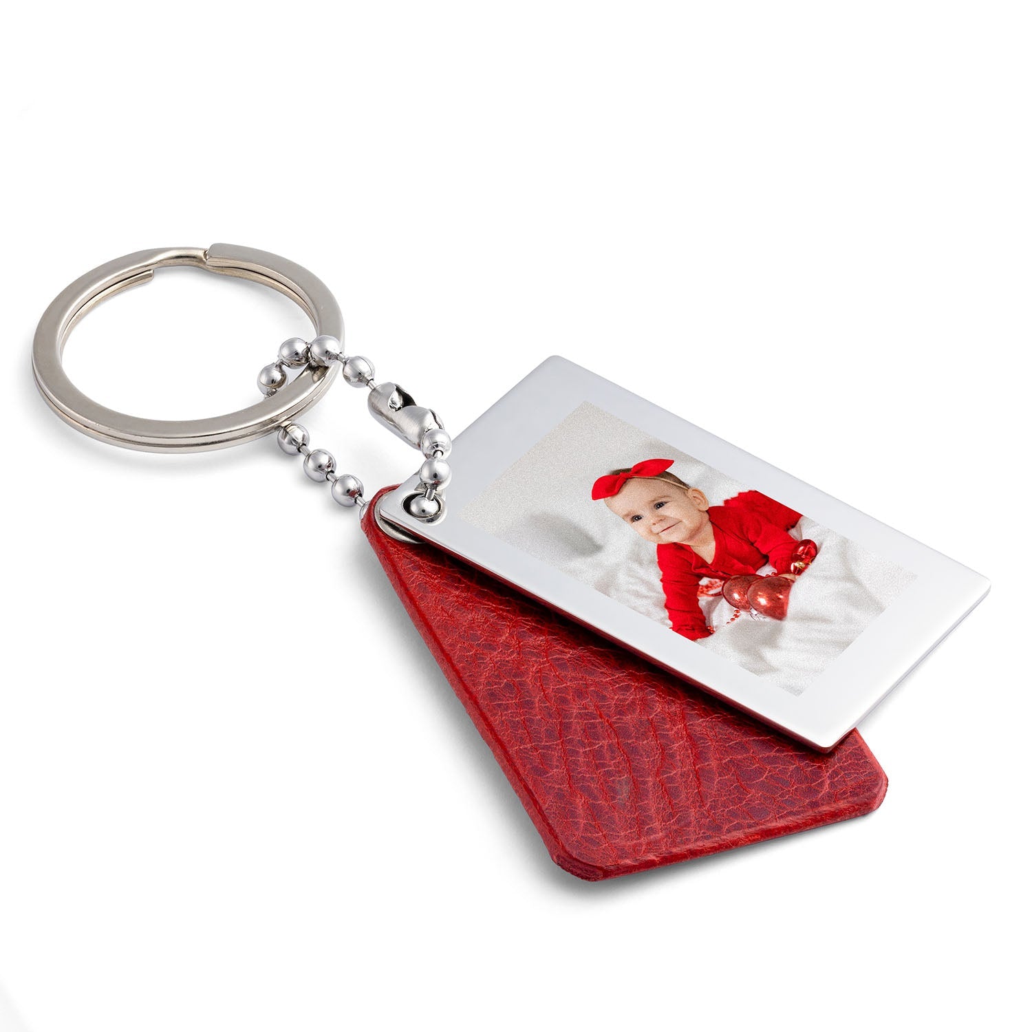 Red Leather Photo Keyring with Engraving - seQua.Shop