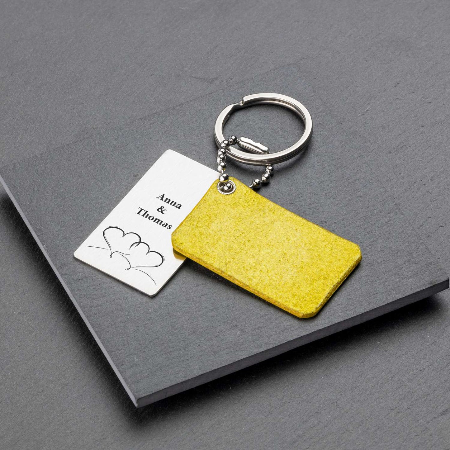 Yellow Leather Keyring with Photo and Engraving - seQua.Shop